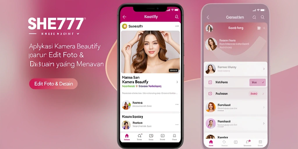 Antarmuka SHE777 yang modern dan fitur Kamera Beautify yang memukau.